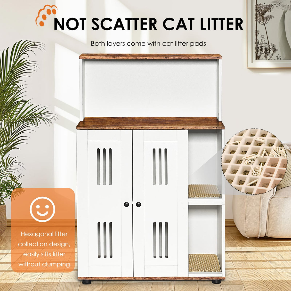 31.5" White+Walnut Cat Litter Box Cabinet - 2 Cat Storage