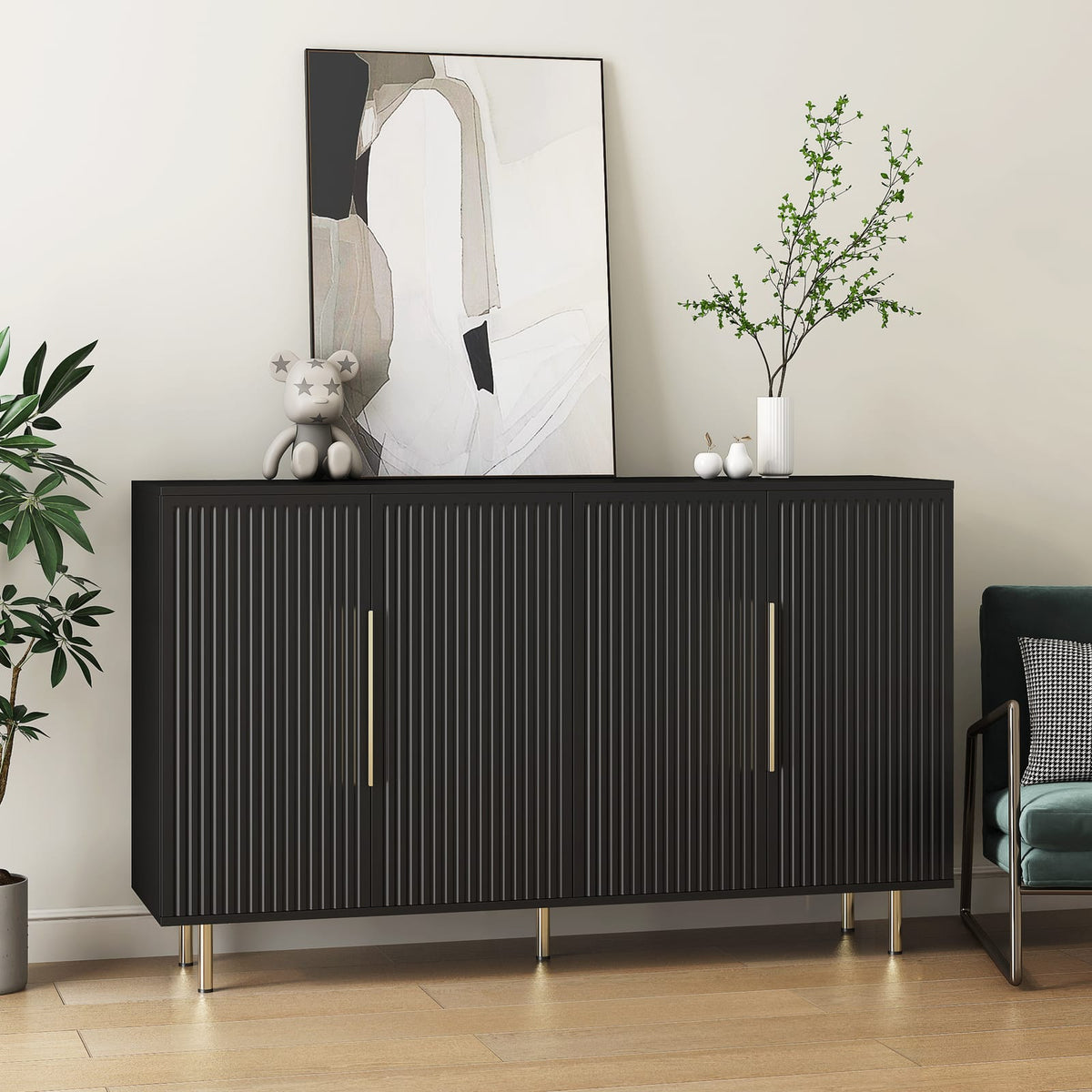 Black Buffet Cabinet with Storage - Modern Sideboard Table