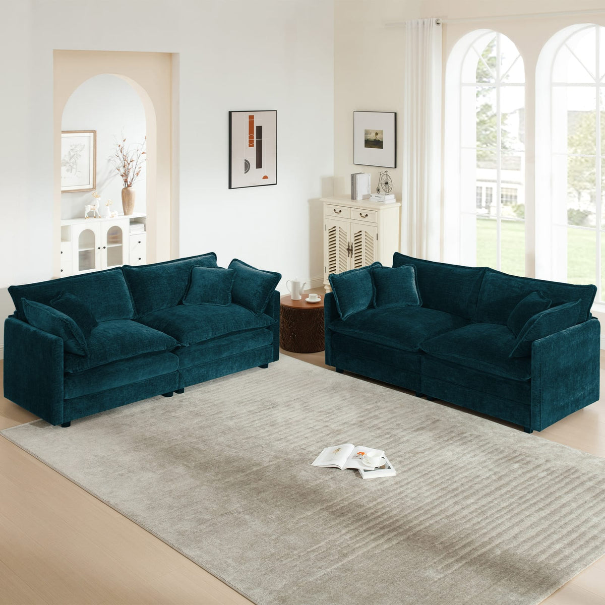 Blue Chenille Sofa Set, Modular U-Shape Couch for Living Room