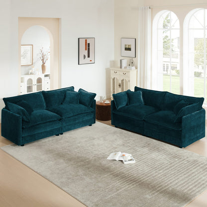 Blue Chenille Sofa Set, Modular U-Shape Couch for Living Room