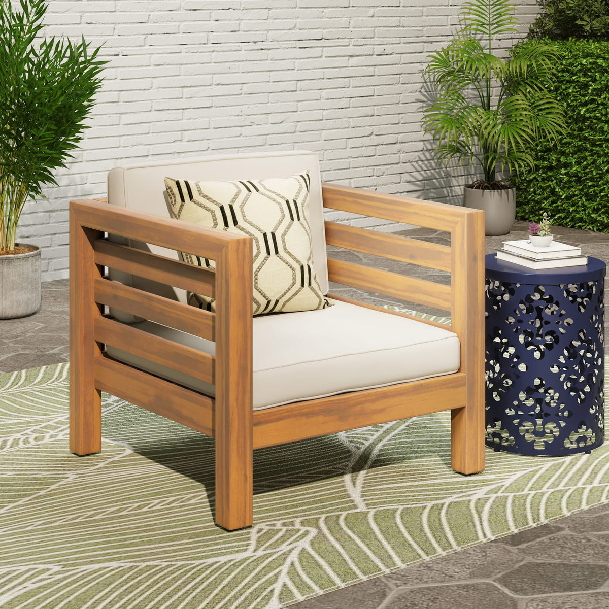OANA Club Chair - Beige Acacia Wood Patio Seating