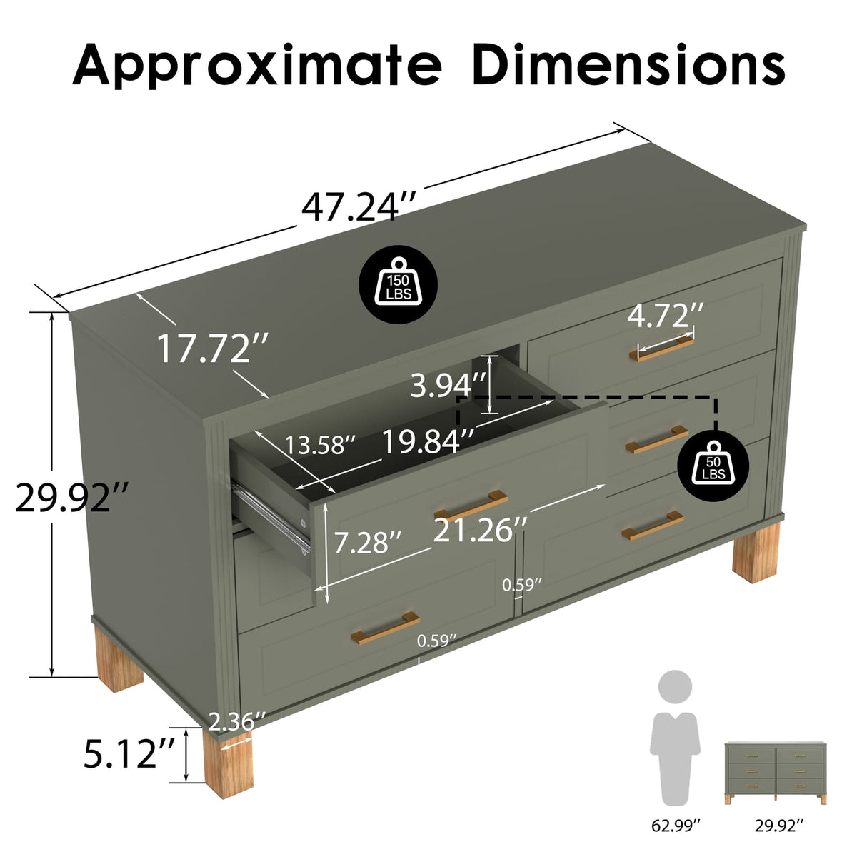 6-Drawer Olive Green Dresser - Modern Storage Cabinet for Kids Bedroom