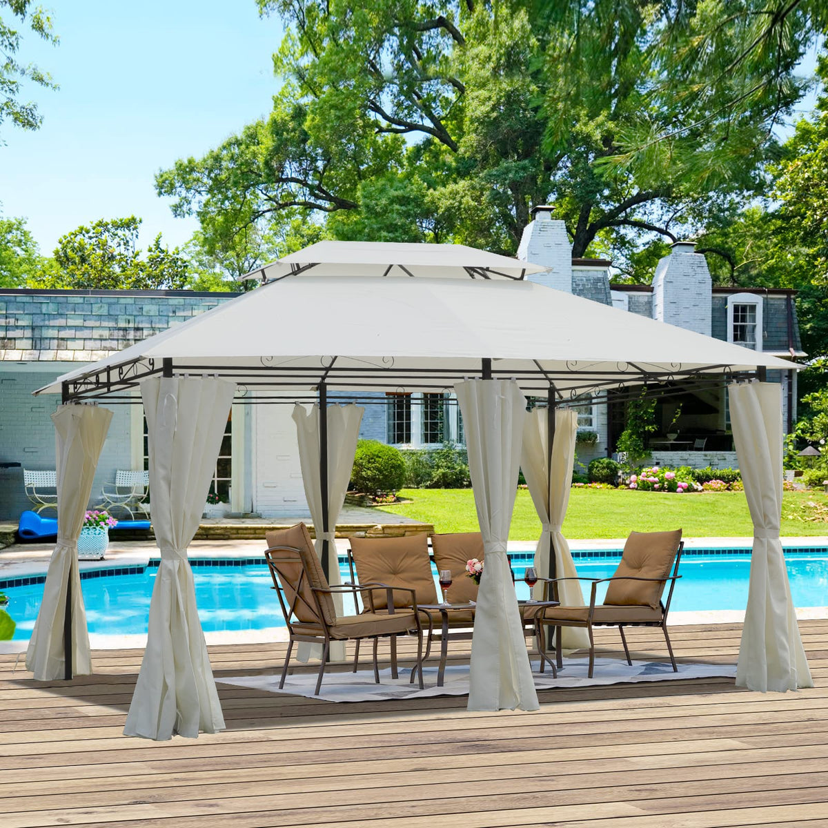 Beige Metal Outdoor Gazebo for Garden Patio Shade and Dining