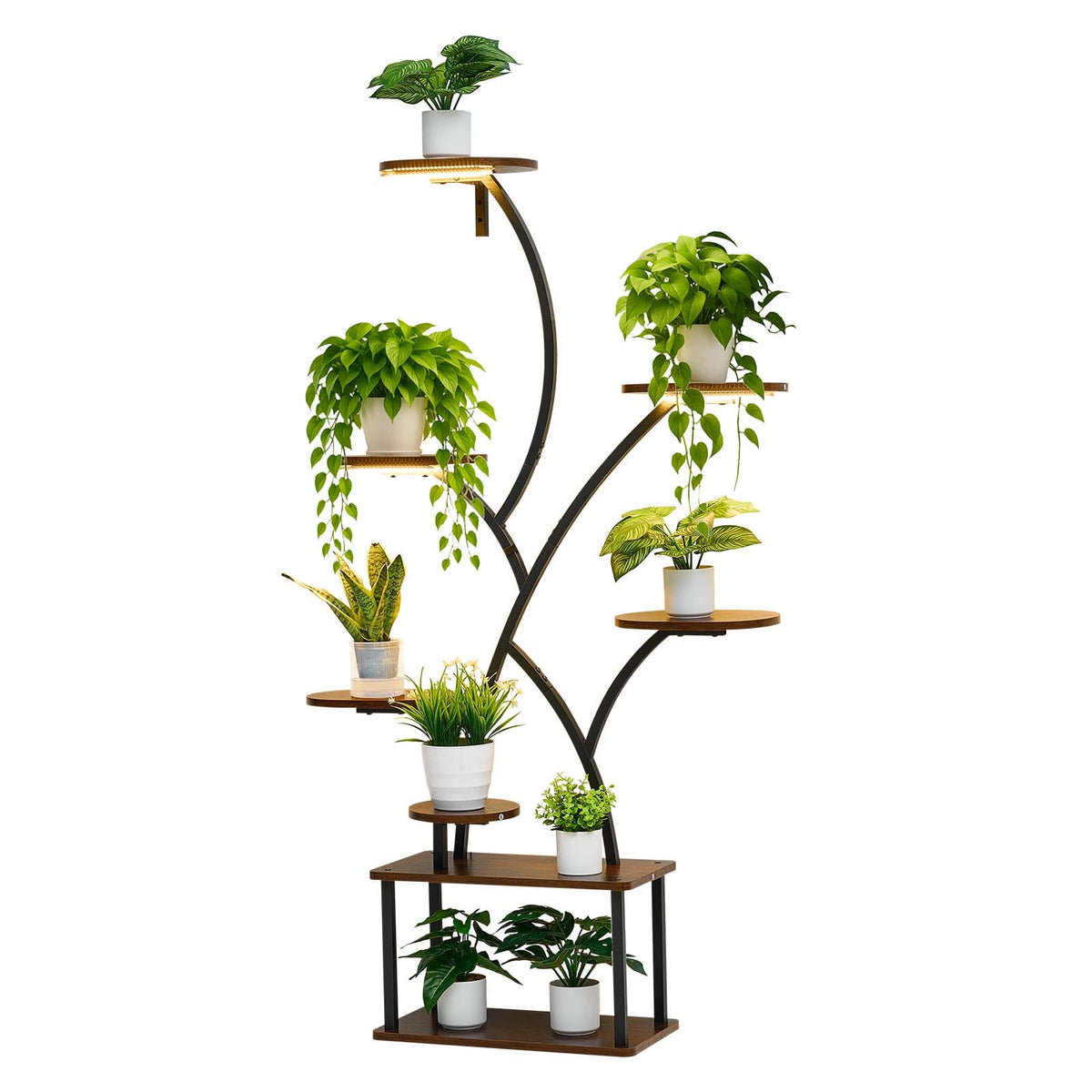 8-Tier Indoor Plant Stand with Grow Lights - Brown & Black