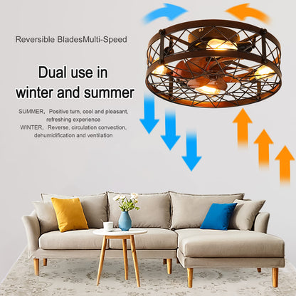 Black Caged Ceiling Fan Light - 20 Inch Farmhouse Style