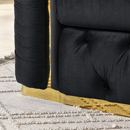 Living Room Velvet Chesterfield Sofa - 3 Seater, Black with Gold Stainless Steel