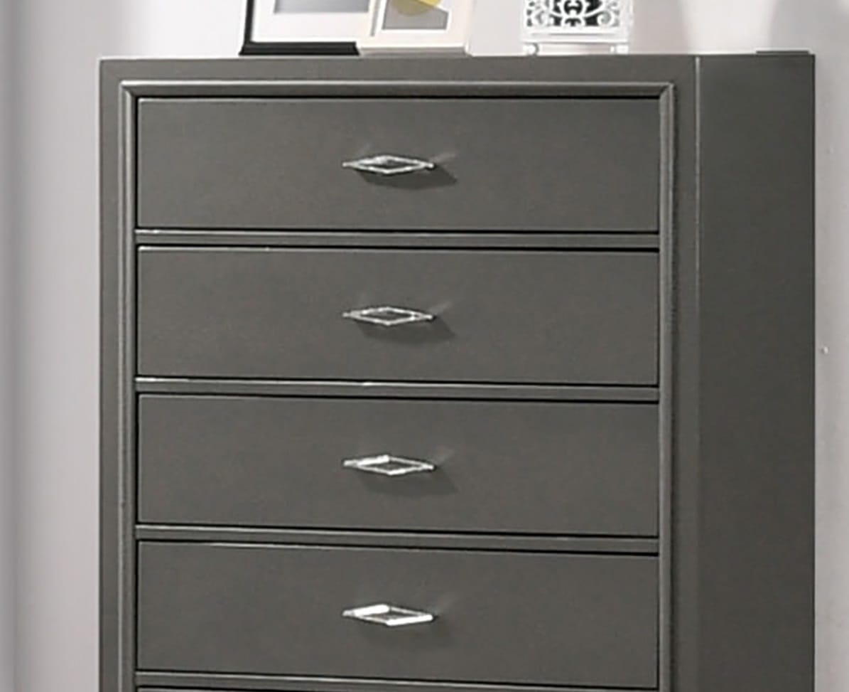 Contemporary Metallic Grey Solid Wood Dresser Chest 5 Drawers