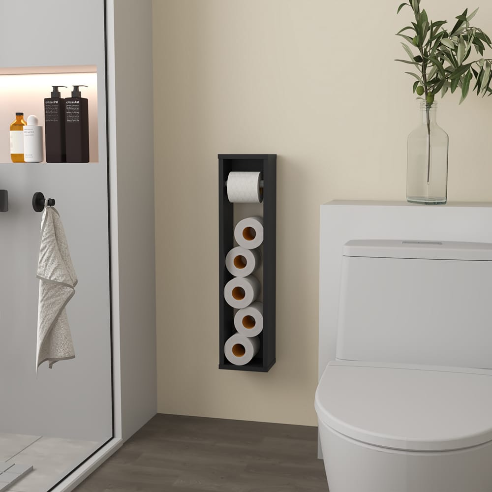 Compact Black Toilet Paper Holder with Storage Shelf for Living Room