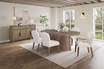 Oval Brown Solid Wood Dining Table with Sculpted Pedestal for Living Room