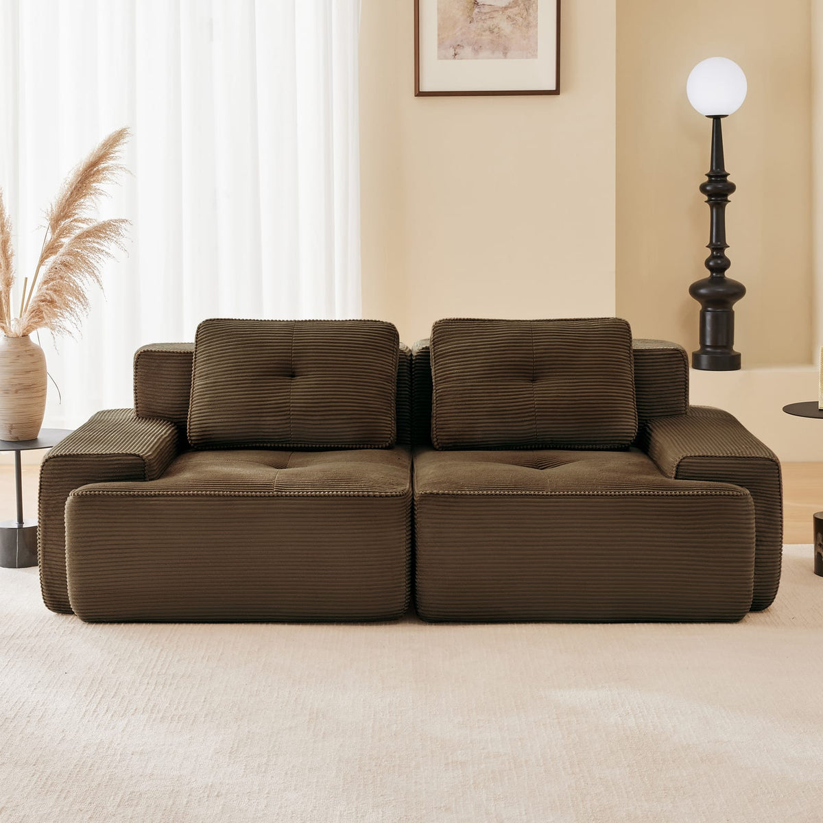 Brown Corduroy 2-Seat Modular Sofa - L-Shaped Sectional for Living Room