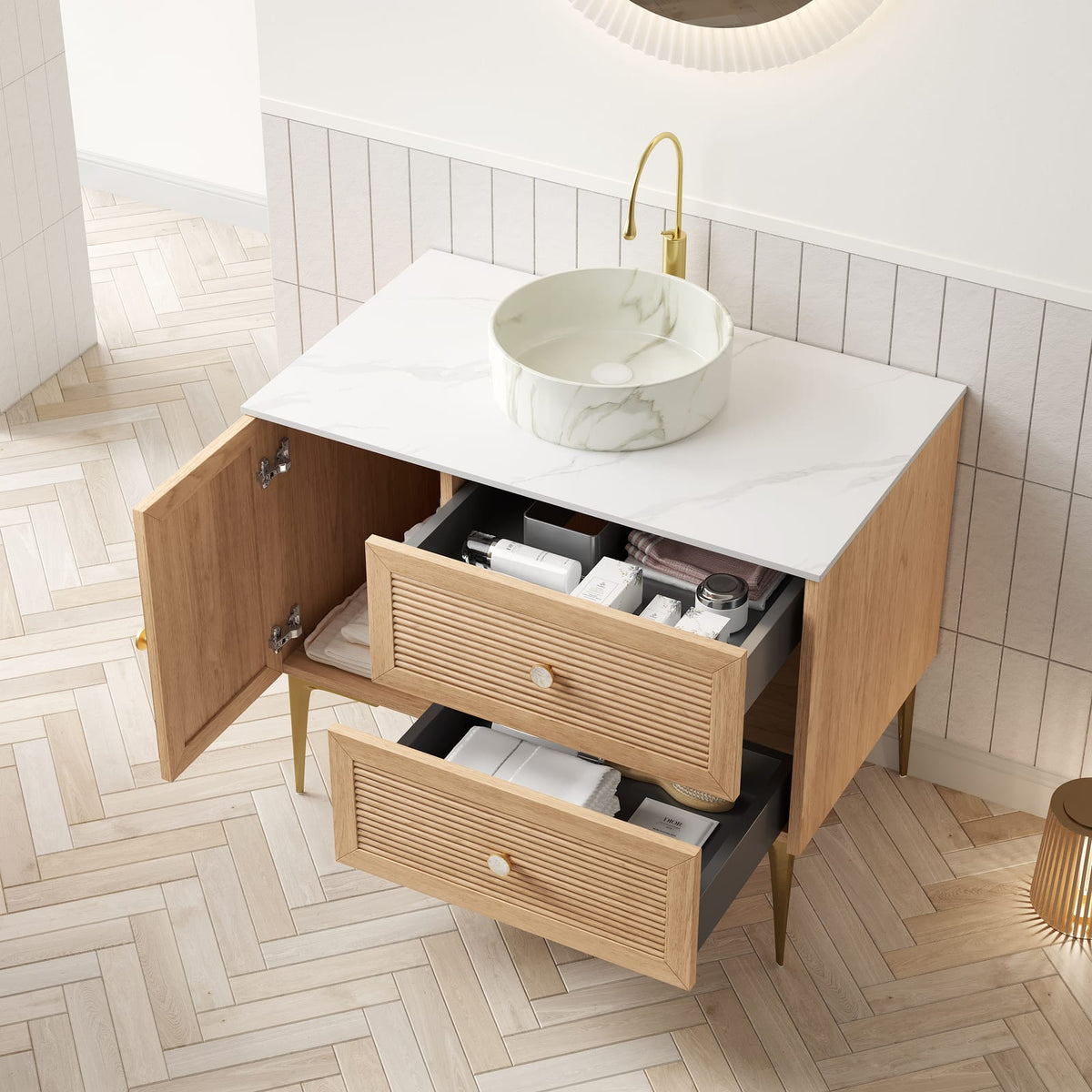 36" White Oak Bathroom Vanity with Storage