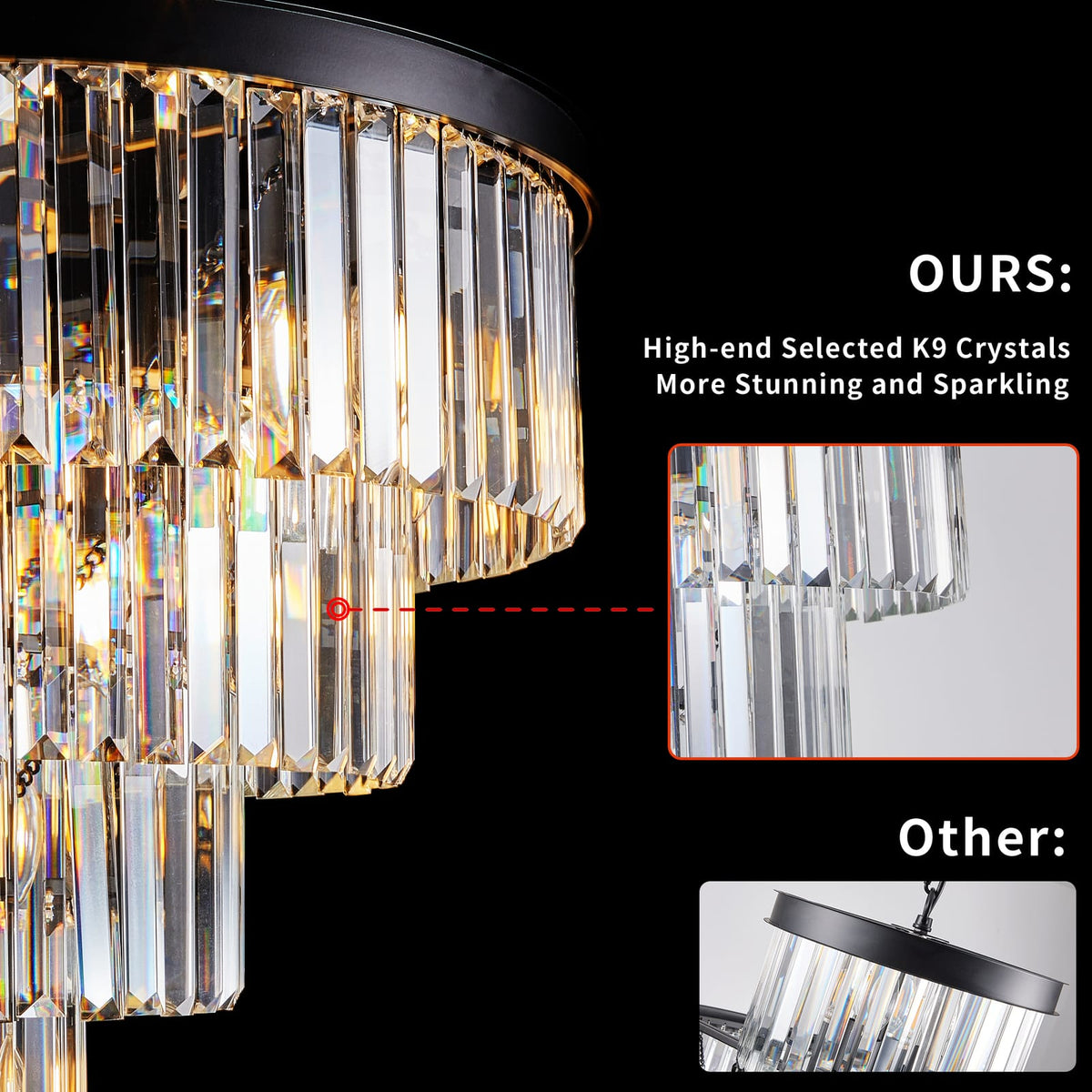 24" Luxury Crystal Chandelier - Black Finish, 15 Lights