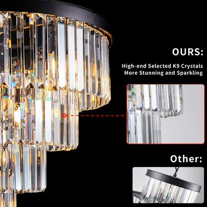 24" Luxury Crystal Chandelier - Black Finish, 15 Lights