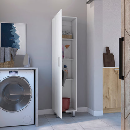 White Particle Board Storage Cabinet with Shelves and Hangers for Living Room