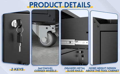 Black Metal Rolling Tool Cabinet with Lockable Wheels for Garage Storage