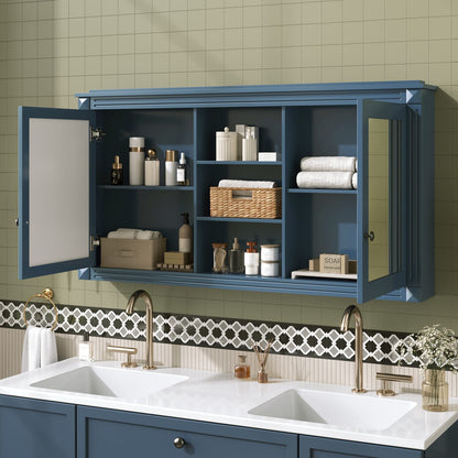 55 Inch Wall-Mount Bathroom Mirror Cabinet - Blue, Adjustable Shelves