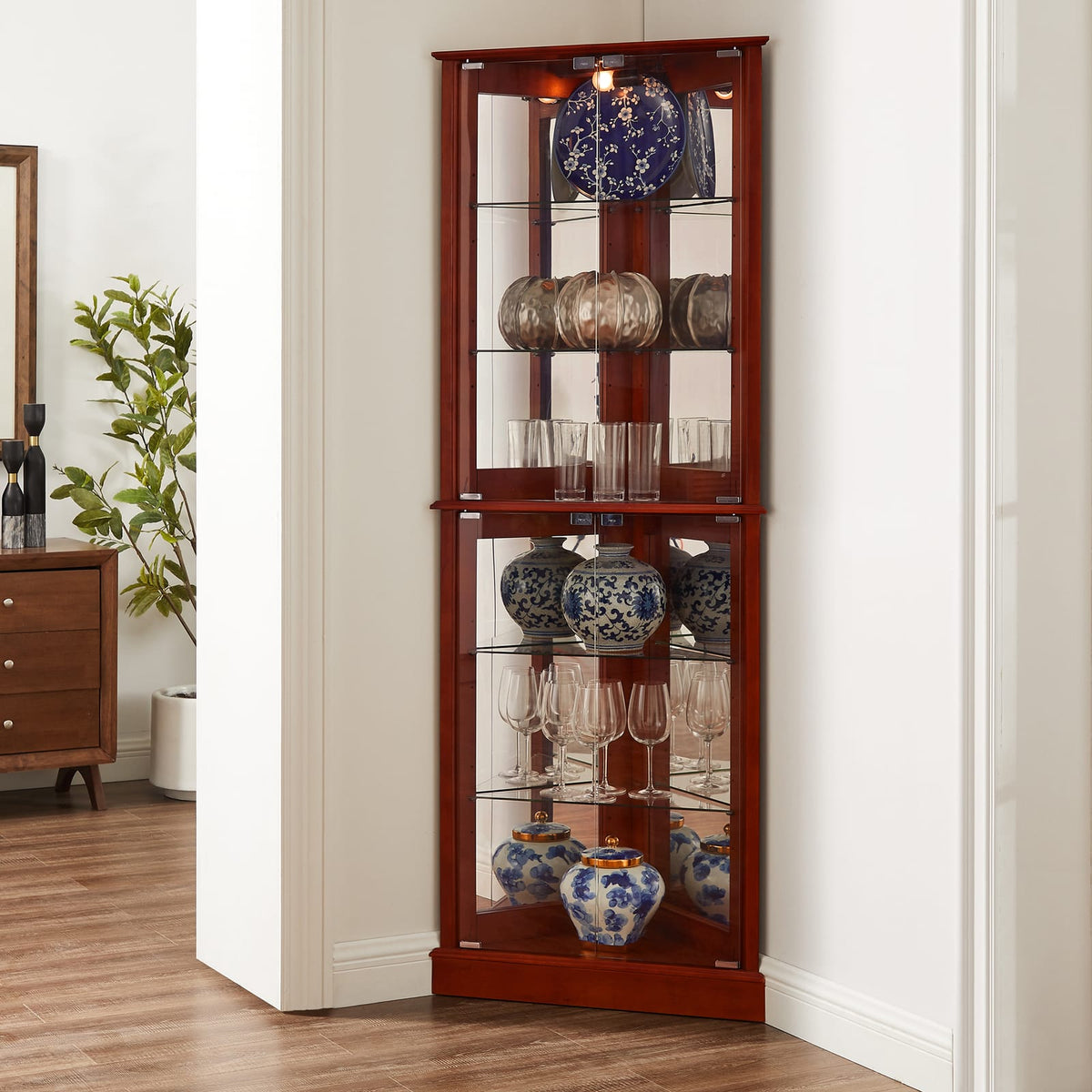 Cherry Mirrored Corner Curio Cabinet - 72" Display Cabinet