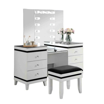 Black & White Fabric Bedroom Vanity Set with 5 Drawers