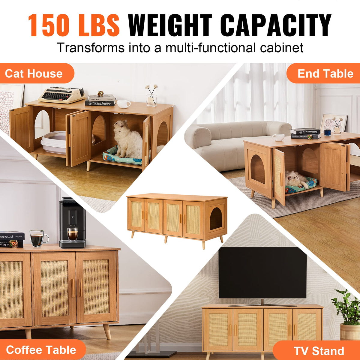 47.2" Natural Particle Board Cat Litter Box Furniture with Rattan Doors