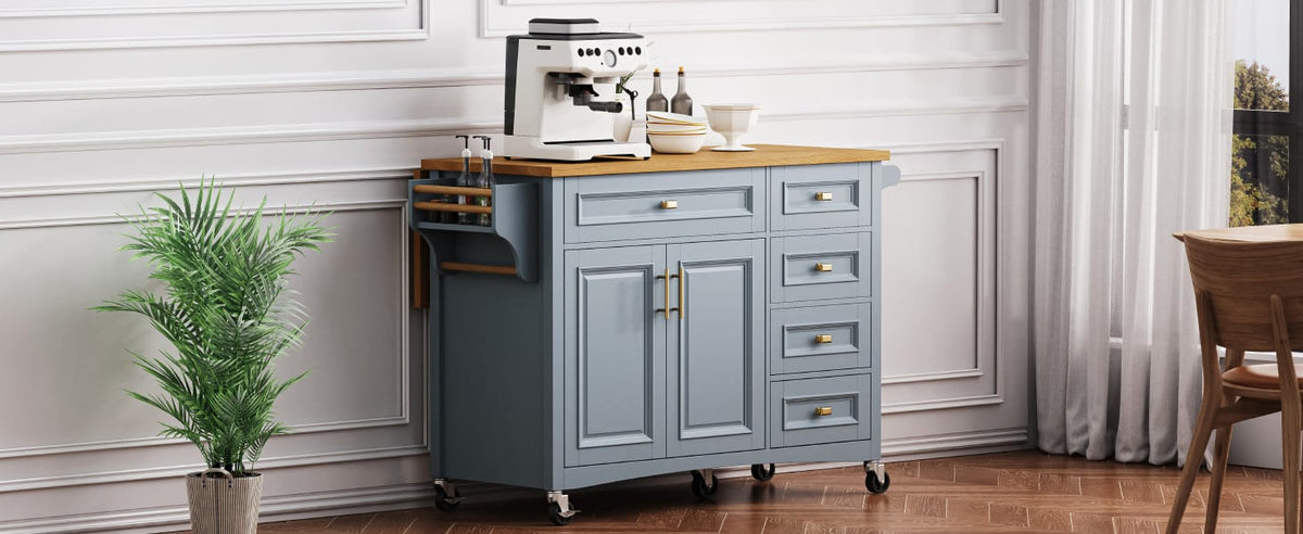 K&K 52" Kitchen Island - Drop Leaf, Blue Grey MDF