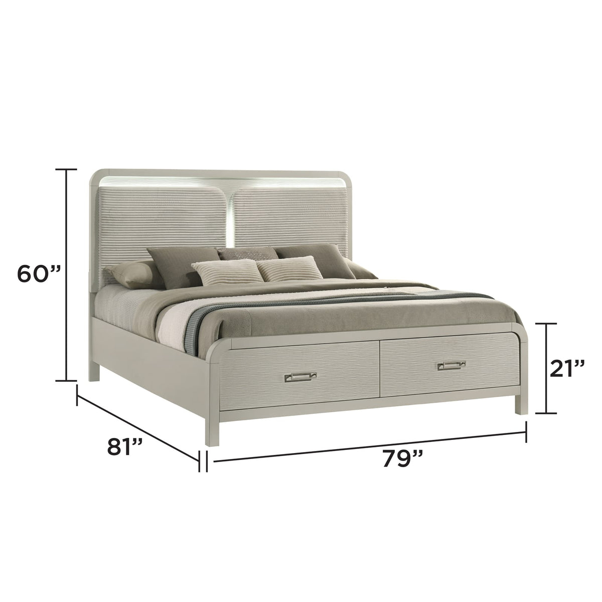 King Modern Storage Bed with Beige Wood Frame and Upholstered Headboard for Bedroom