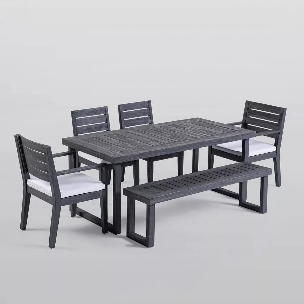 Outdoor Acacia Wood Dining Set - 6 Seats, Dark Grey Cushions