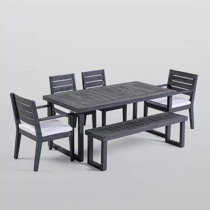 Outdoor Acacia Wood Dining Set - 6 Seats, Dark Grey Cushions