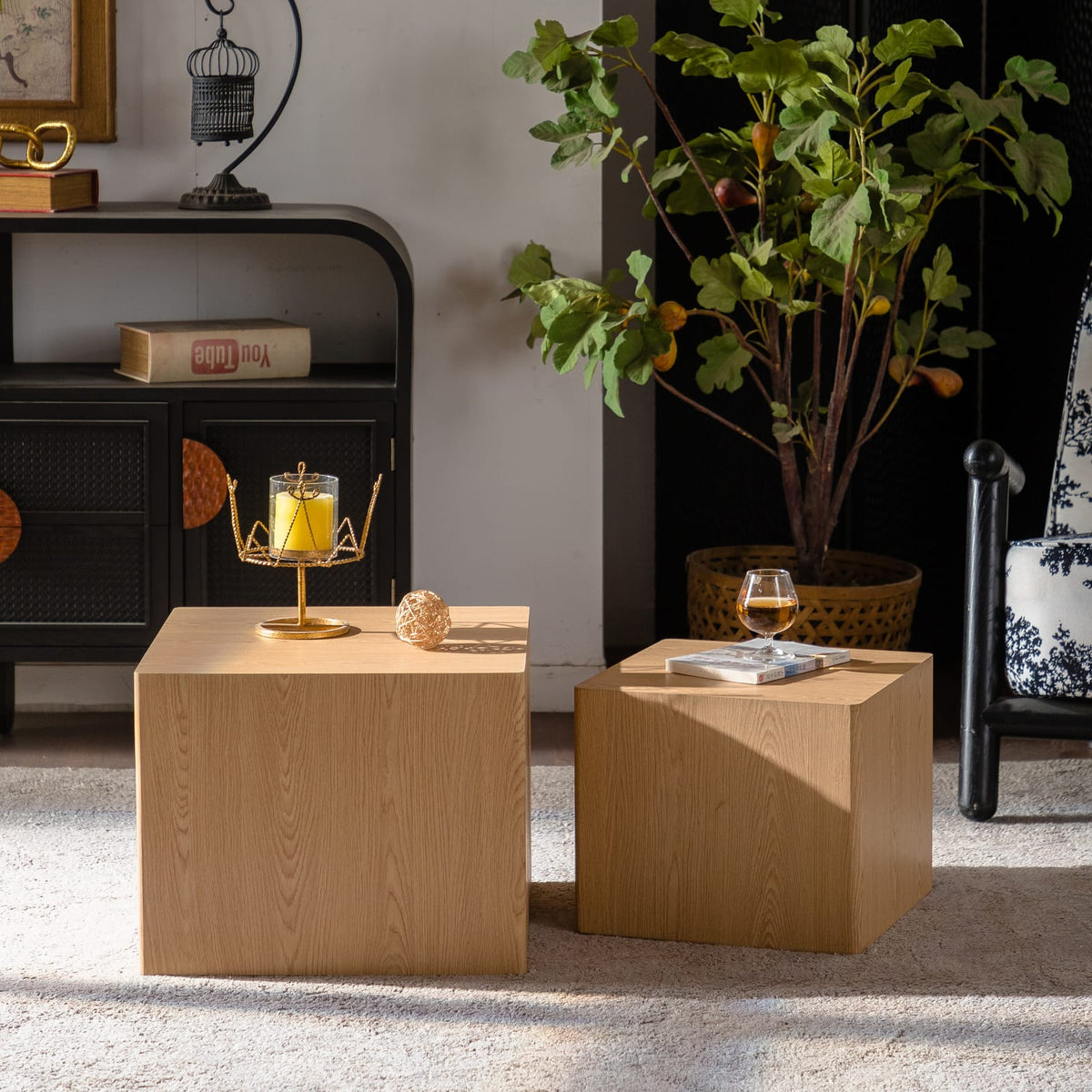 Living Room Set of 2 Natural Wood Nesting Cube Tables - Small Space Coffee Table Set