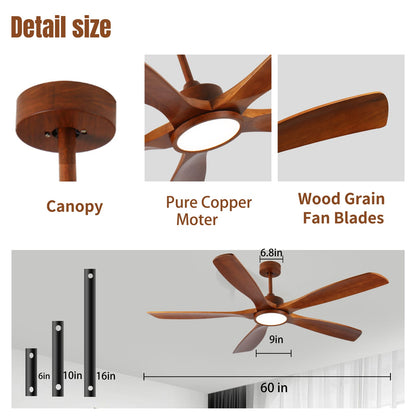 60" Wood Ceiling Fan with Light - 5 Blades, Remote Control