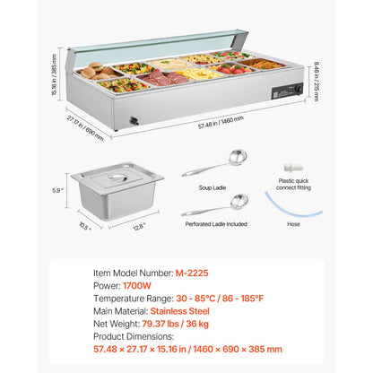 Commercial Food Warmer - 1700W Stainless Steel Buffet Bain Marie with Glass Cover