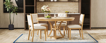 TREXM 5-Piece Retro Dining Table Set - Extendable Round Table & Chairs (Natural)