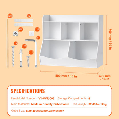 Wood Kid Storage Cubby - 5-Cubby Toy Organizer, White MDF