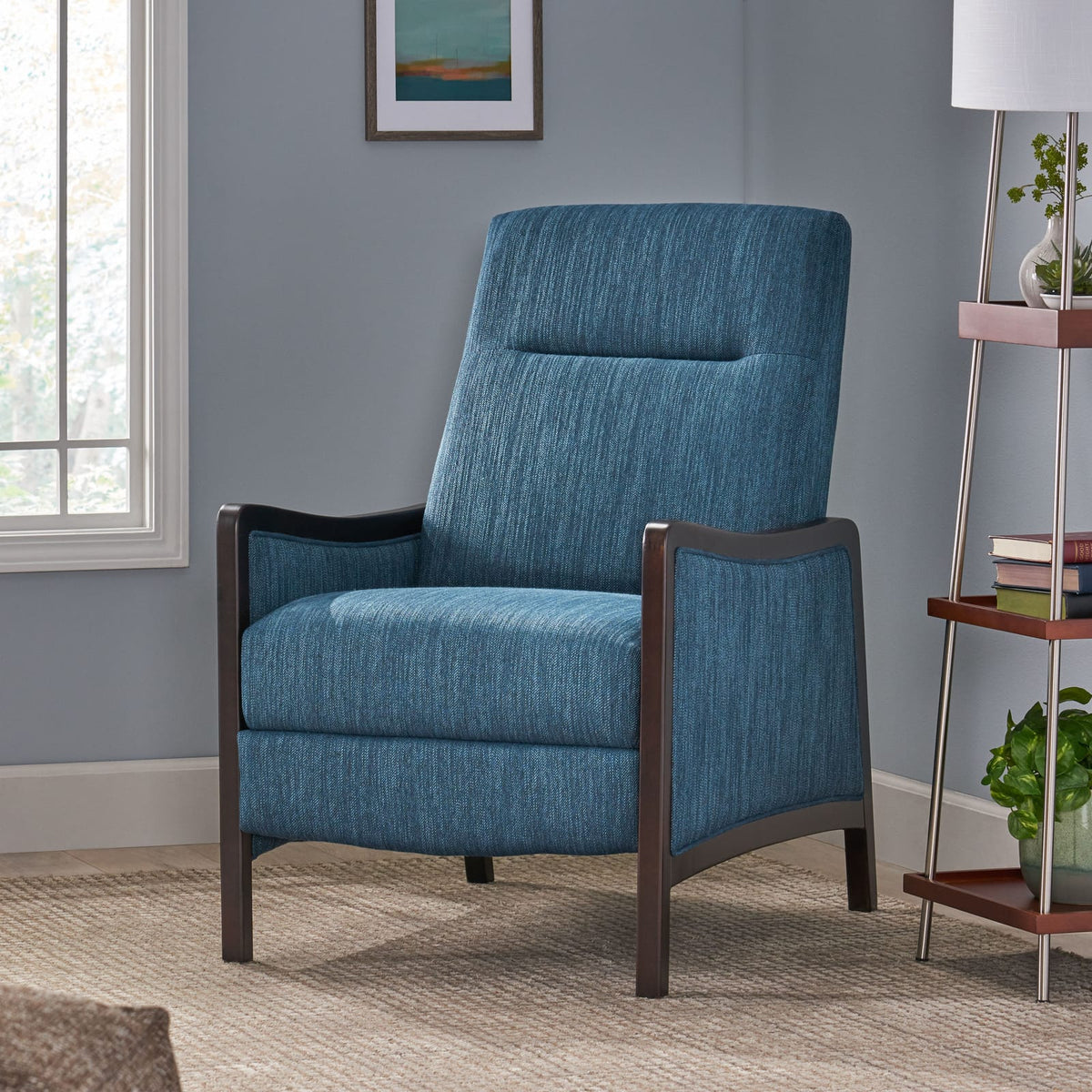 Navy Blue Fabric Recliner Mid-Century Modern Style - Pushback Sofa