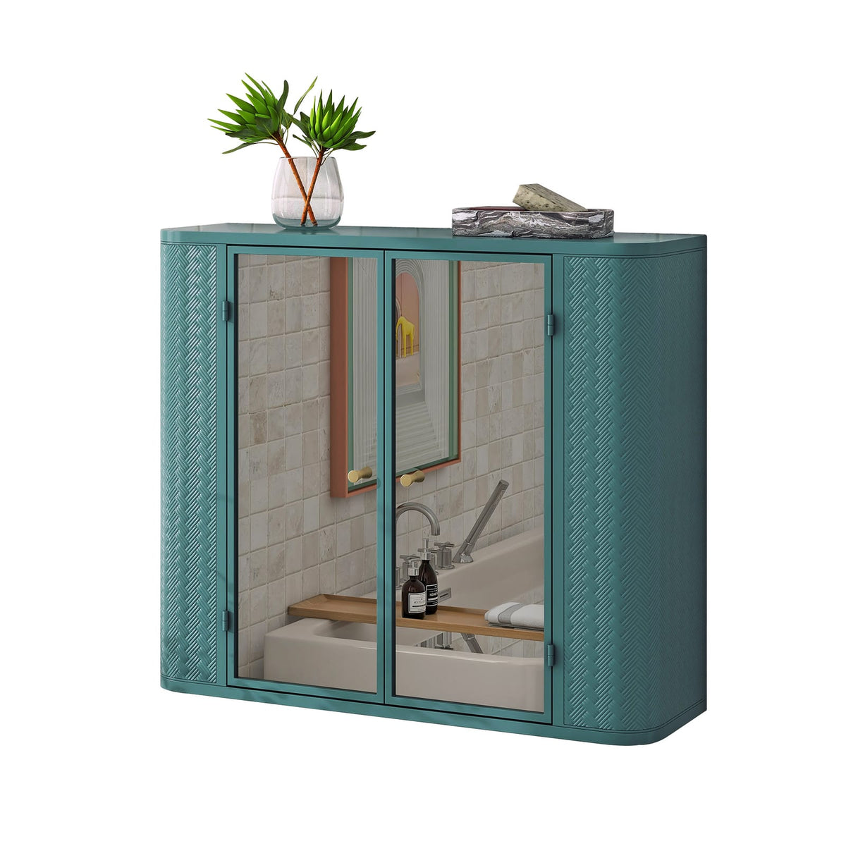 Army Green Bathroom Storage Cabinet with Mirror - 2 Door Wall Mounted