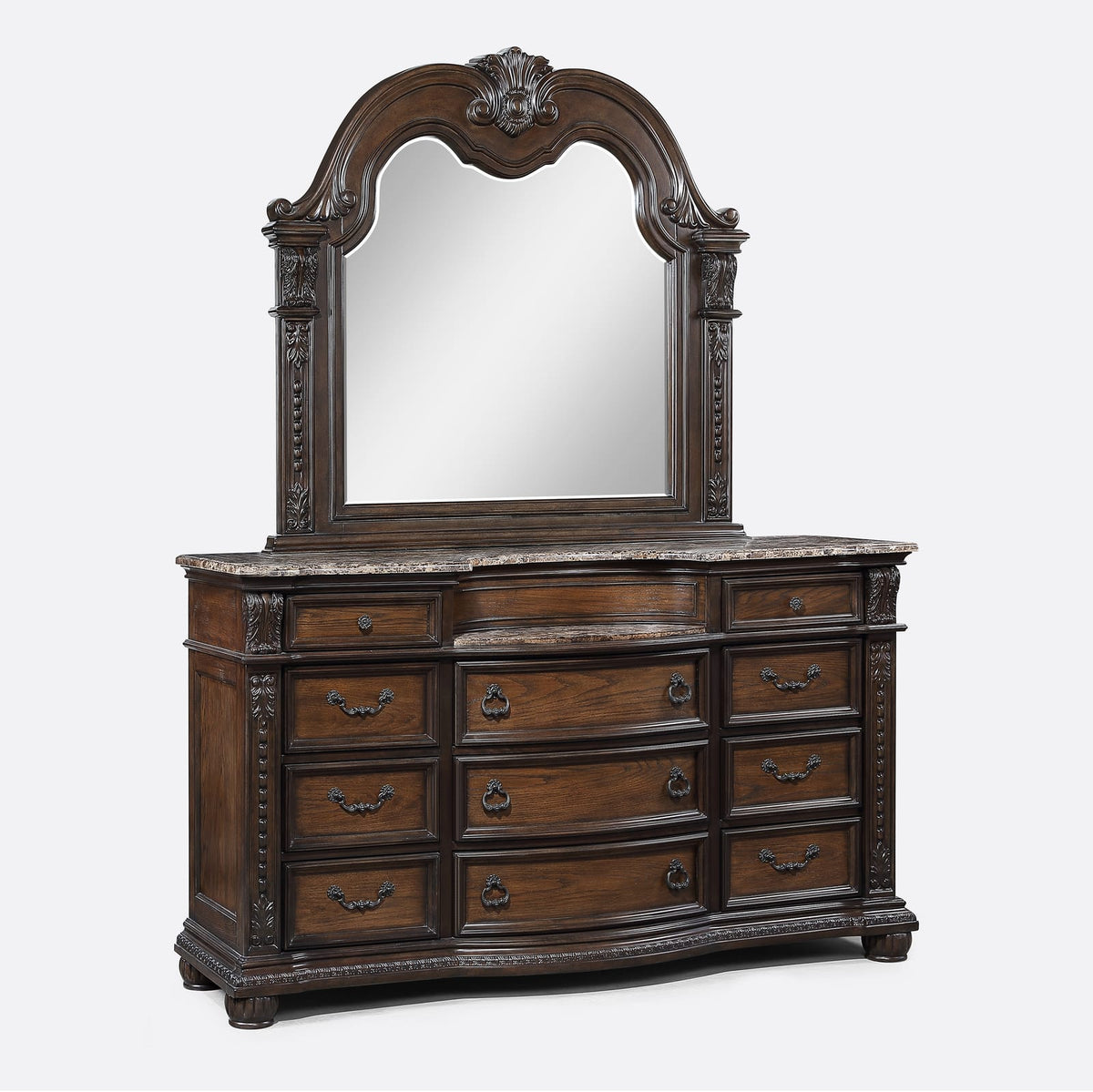 Traditional Marble Wood Dresser with 11 Drawers for Bedroom Storage