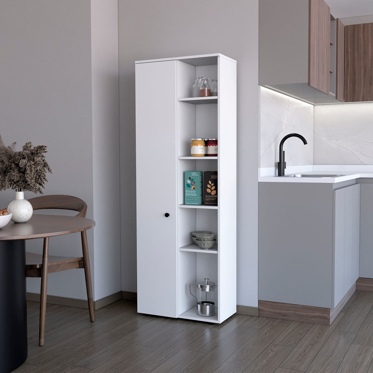White Modern Kitchen Pantry - 5 Shelves, Particle Board