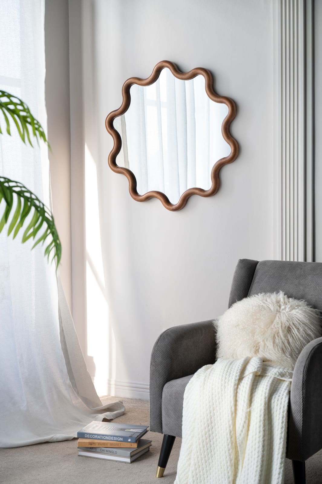 31" Wooden Accent Mirror - Brown Pine Frame, Bathroom Wall Decor