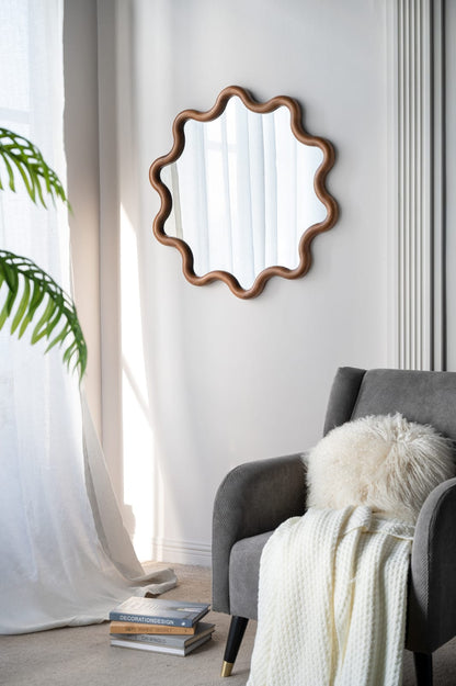 31" Wooden Accent Mirror - Brown Pine Frame, Bathroom Wall Decor