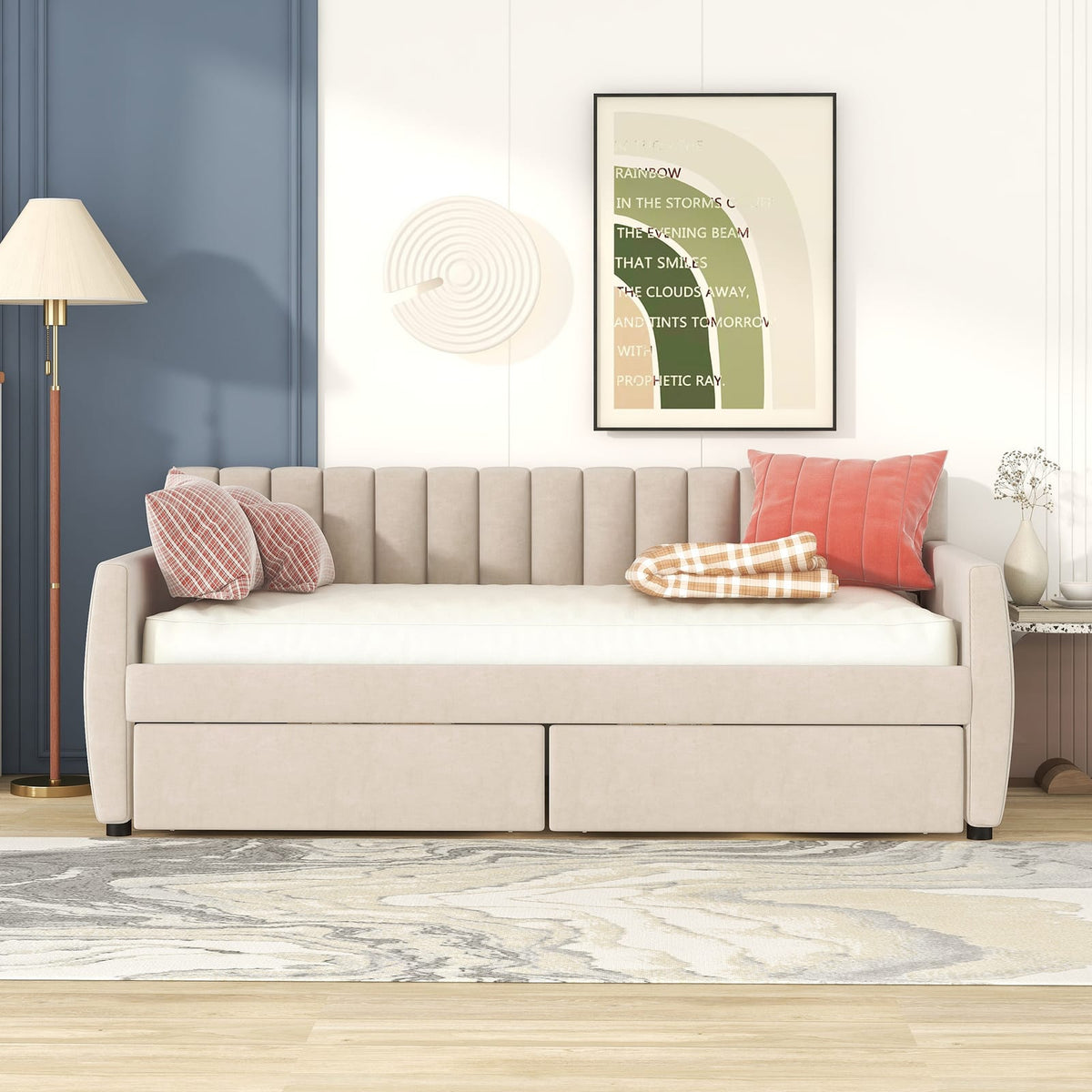 Beige Velvet Sofa Bed with Drawers - Storage Daybed for Living Room