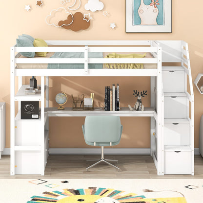 Twin Size Loft Bed with Desk - Storage & Staircase, White