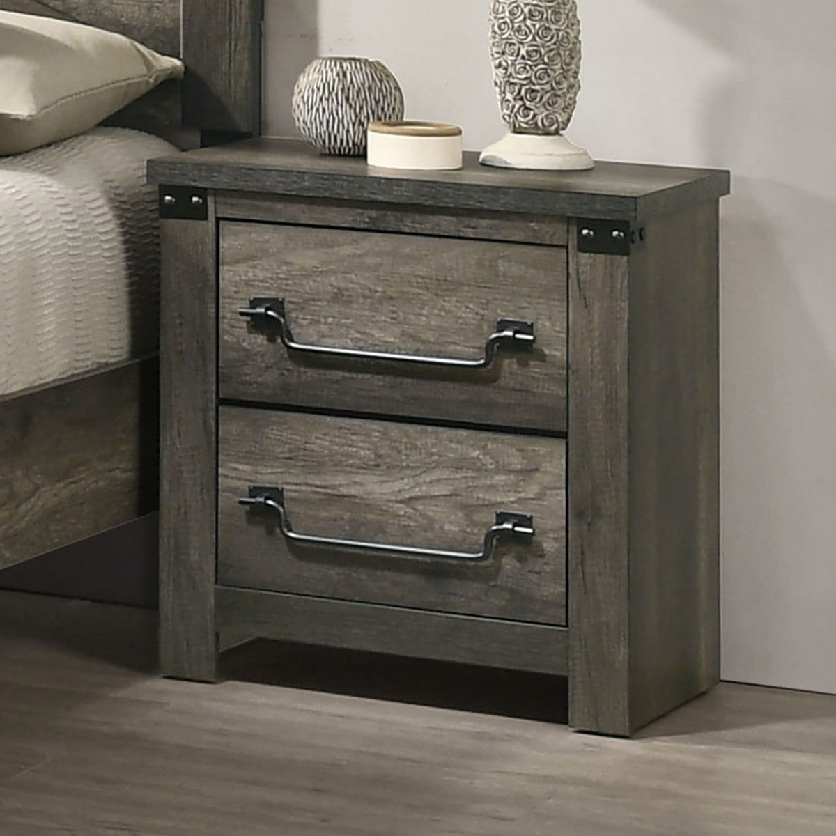 Gray 2 Drawer Bedside Cabinet Nightstand - Farmhouse Style