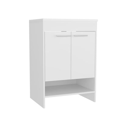 White Bathroom Vanity with Storage Shelves