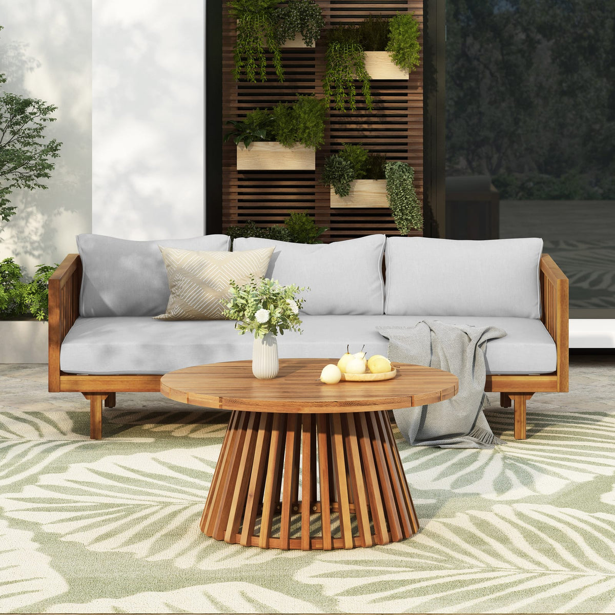 Light Gray Acacia Wood Patio Daybed & Coffee Table Set - 3 Seater Outdoor Furniture