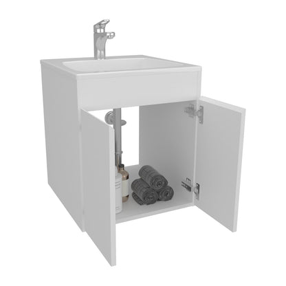 White Bathroom Vanity with Drawers & Shelf - Wall Mounted Storage
