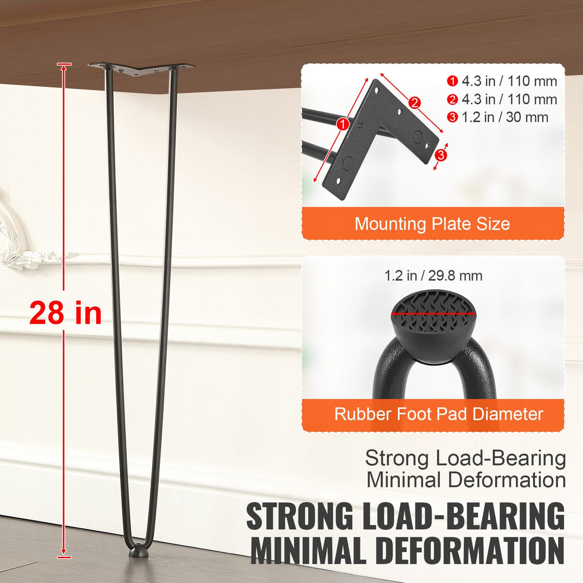 28" Metal Hairpin Table Legs - 500lbs Capacity, Black
