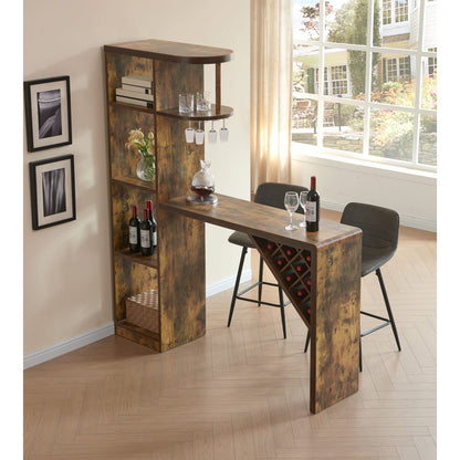 Rustic Brown Bar Table with Attached Wine Cabinet for Kitchen Storage