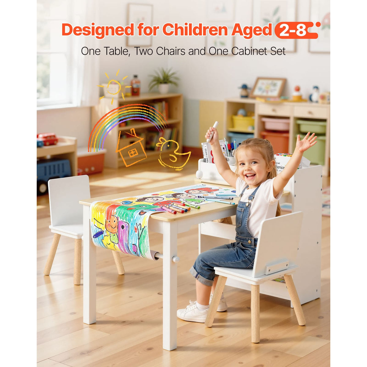 White Kids Art Table Set with 3 Storage