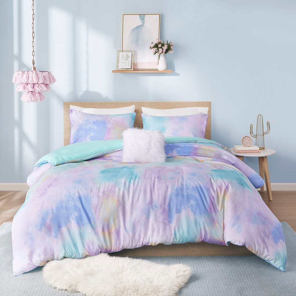 Twin Duvet Set with Shams and Pillow in Aqua Watercolor Tie Dye