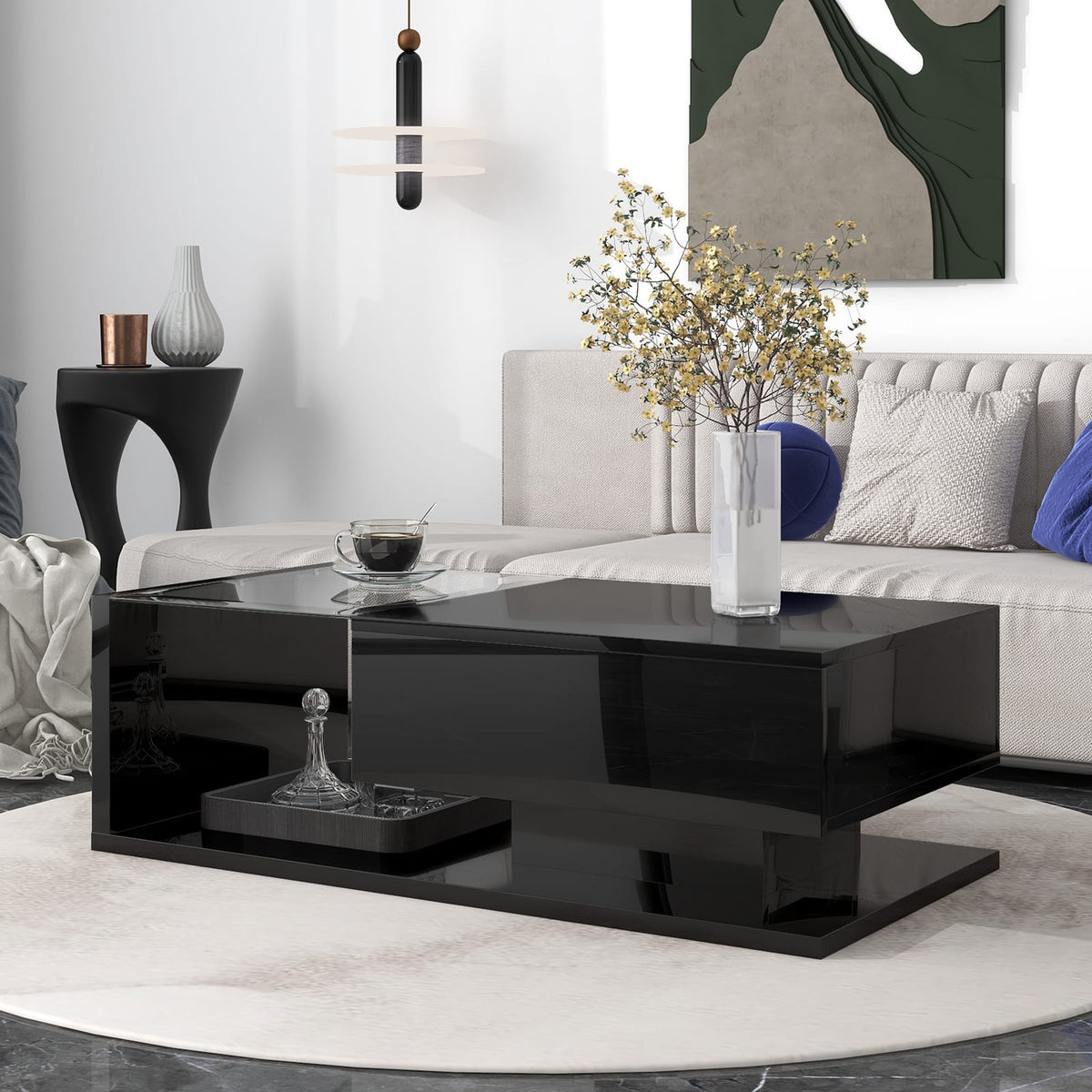 Black Rectangular Coffee Table with Glass Top