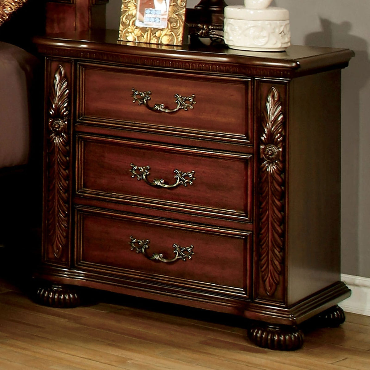 Brown Cherry 3 Drawer Bedside Cabinet Nightstand for Bedroom